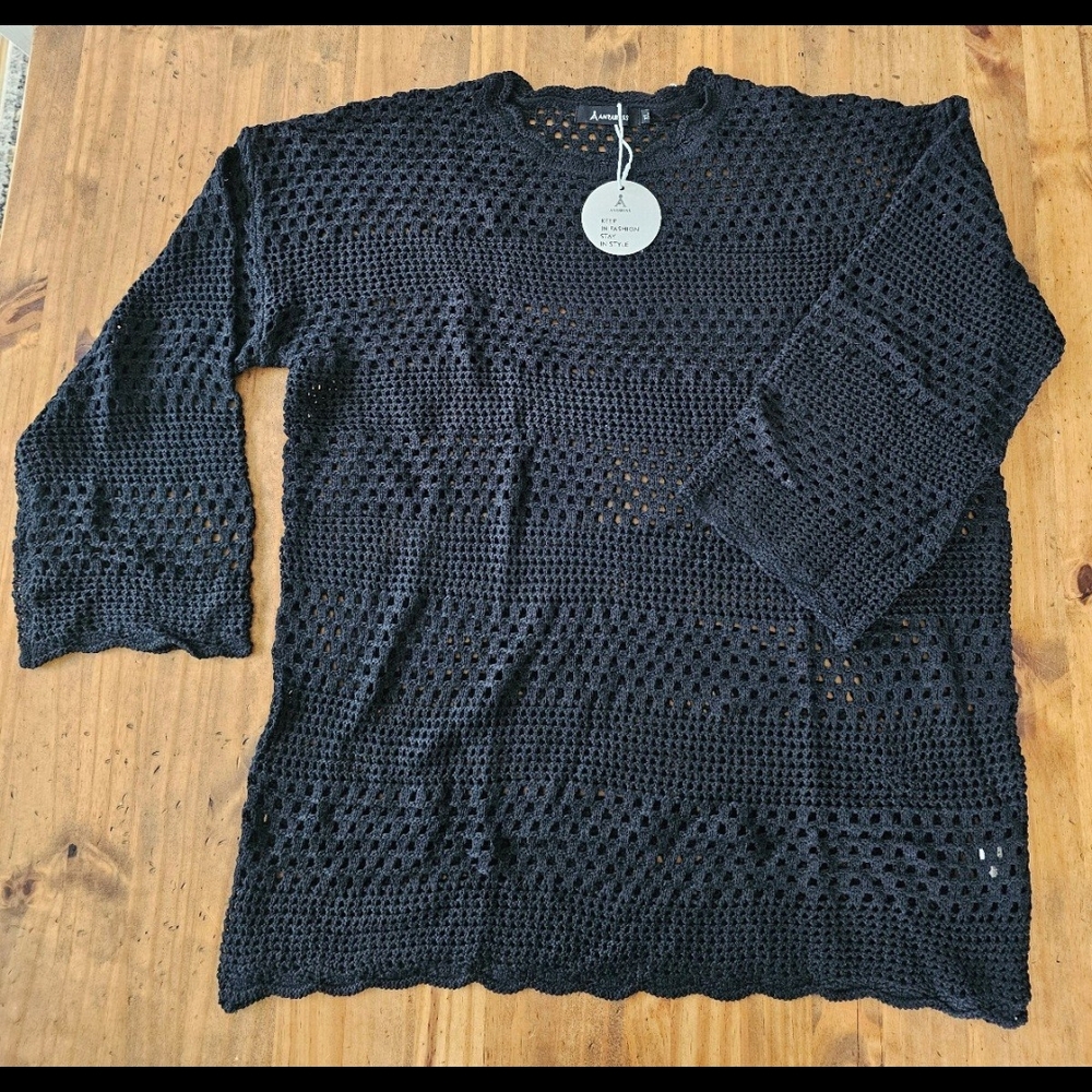 Macy's Black Crochet Crewneck Sweater